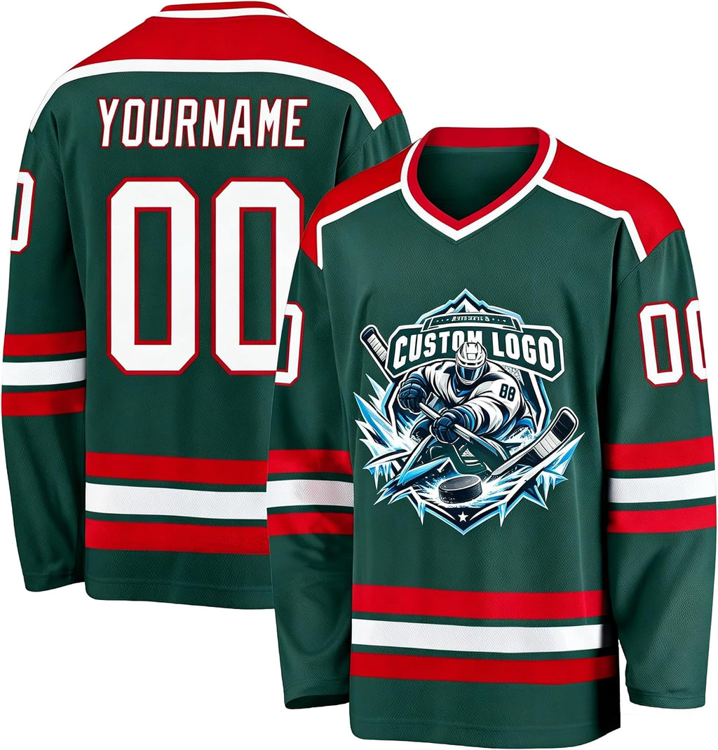 Custom Dark Green, Red and White Hockey Jersey