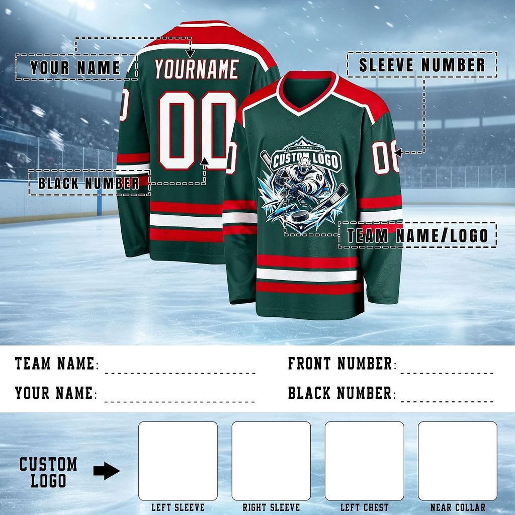 Custom Dark Green, Red and White Hockey Jersey