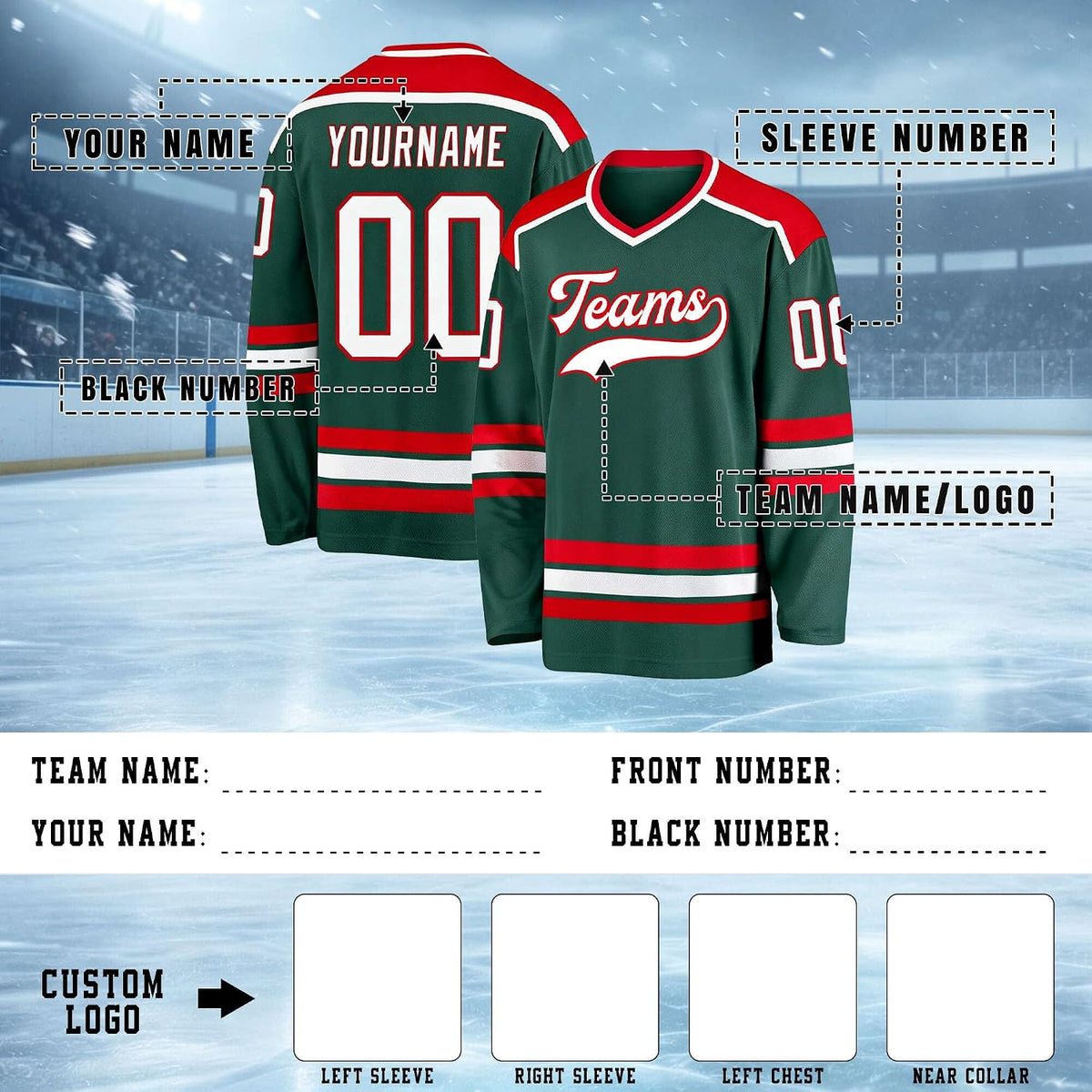 Custom Dark Green, Red and White Hockey Jersey