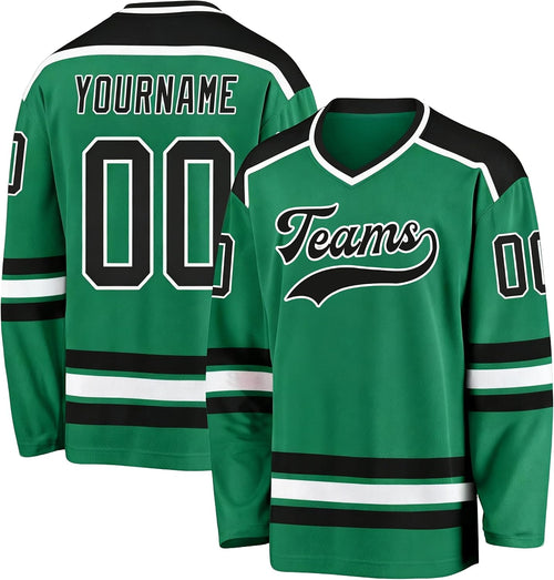 Custom Green, Black and White Hockey Jersey