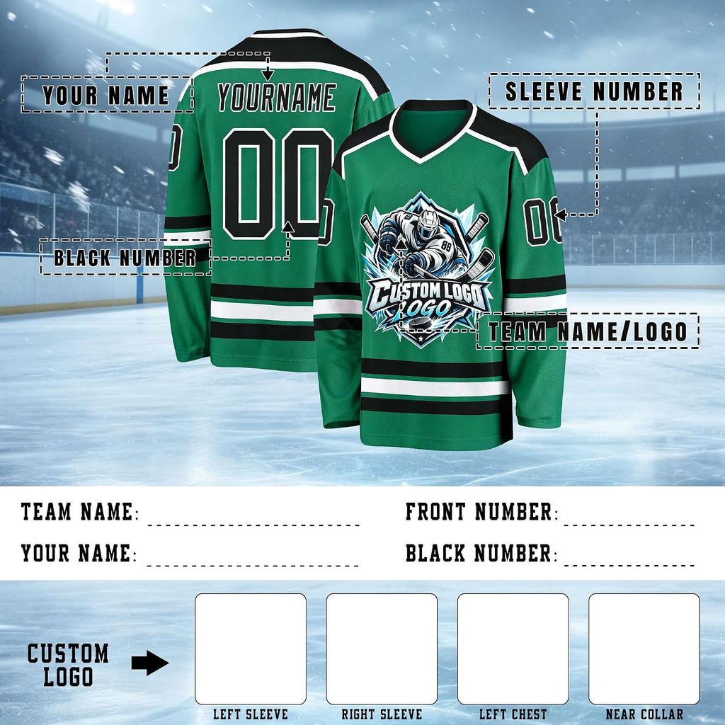 Custom Green, Black and White Hockey Jersey