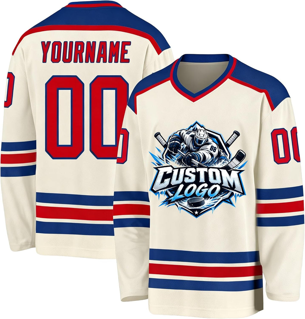 Custom Cream, Royal Blue and Red Hockey Jersey