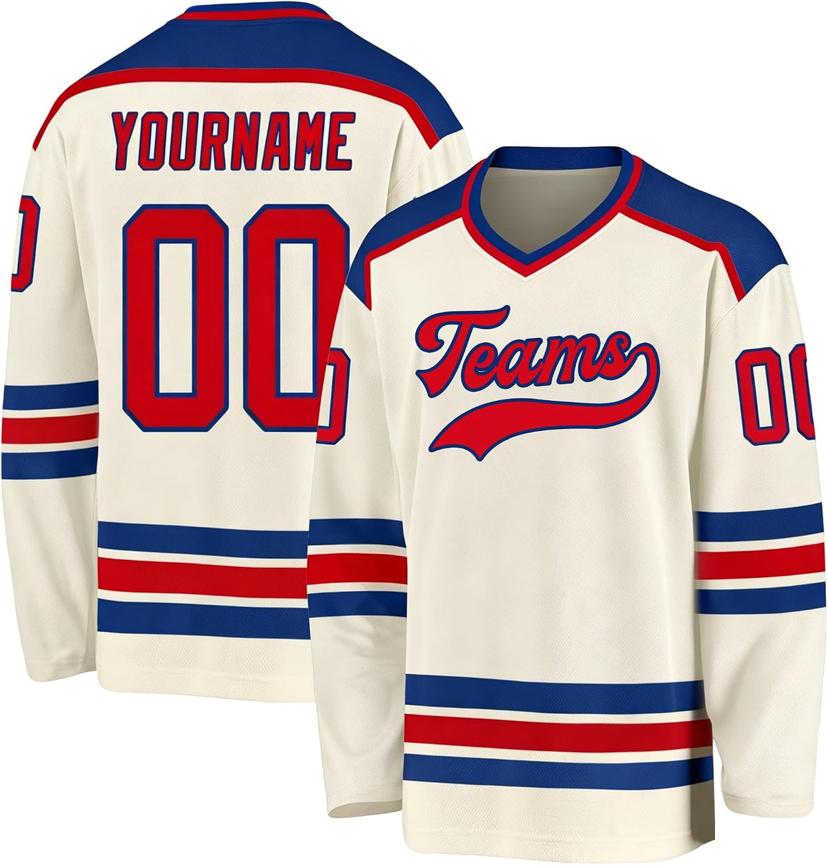 Custom Cream, Royal Blue and Red Hockey Jersey