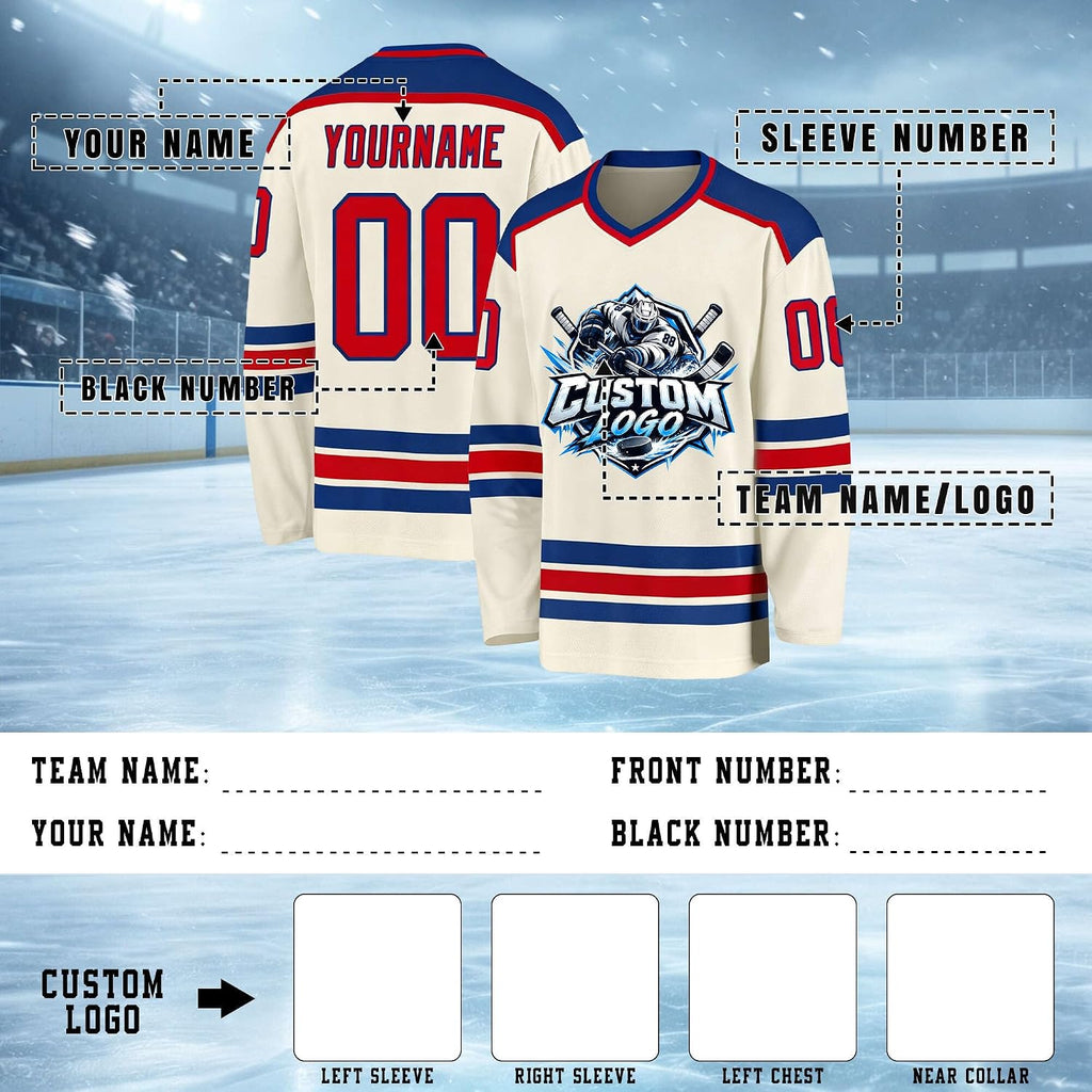 Custom Cream, Royal Blue and Red Hockey Jersey