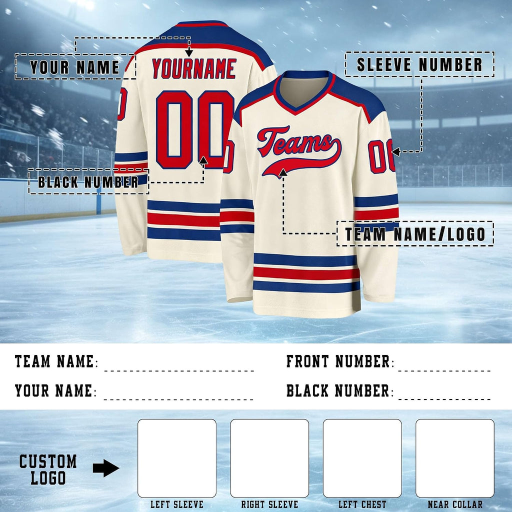 Custom Cream, Royal Blue and Red Hockey Jersey