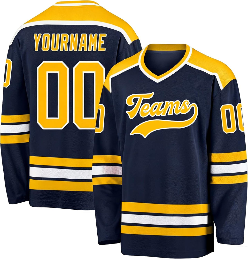 Custom Navy Blue, Gold and White Hockey Jersey
