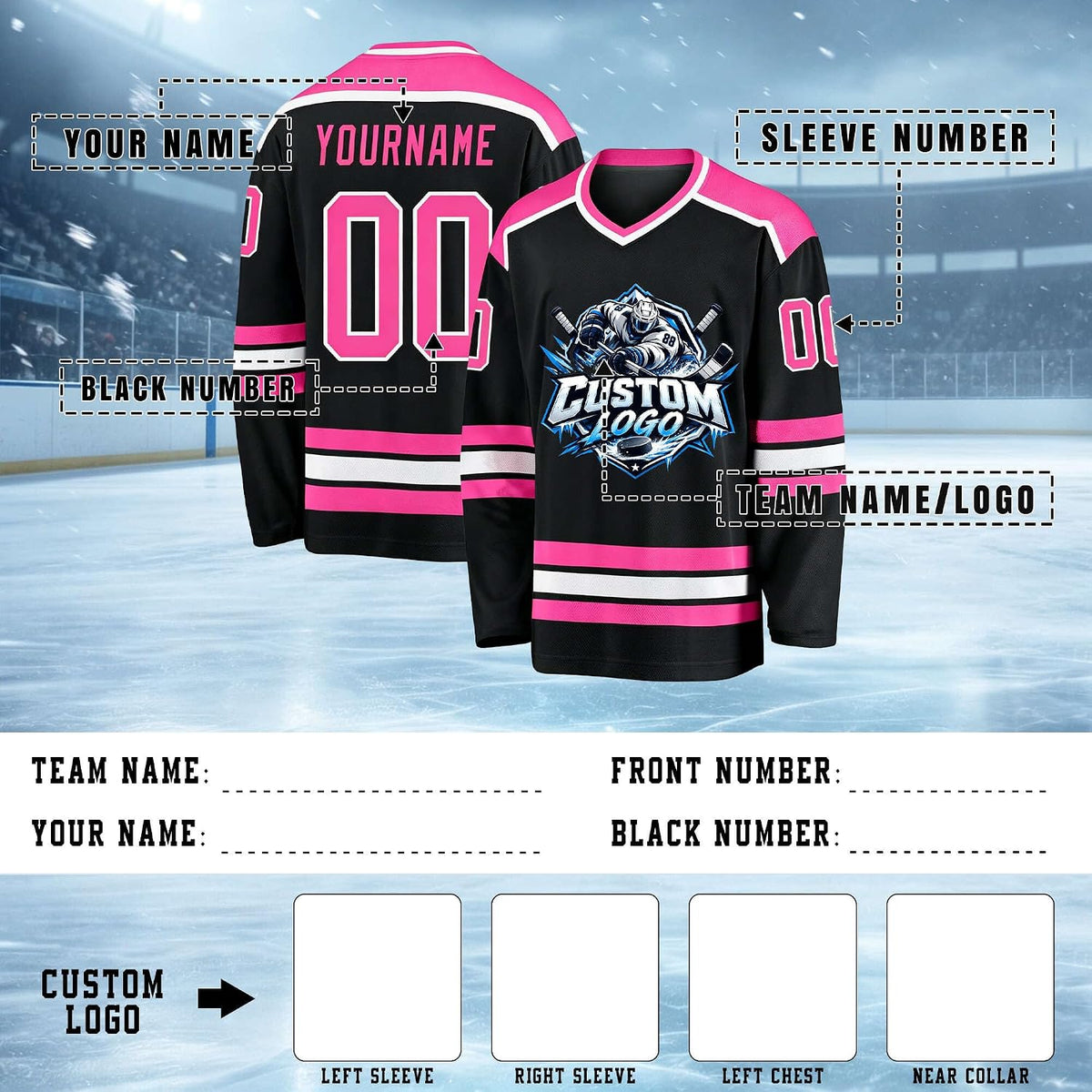 Custom Black, Pink and White Hockey Jersey