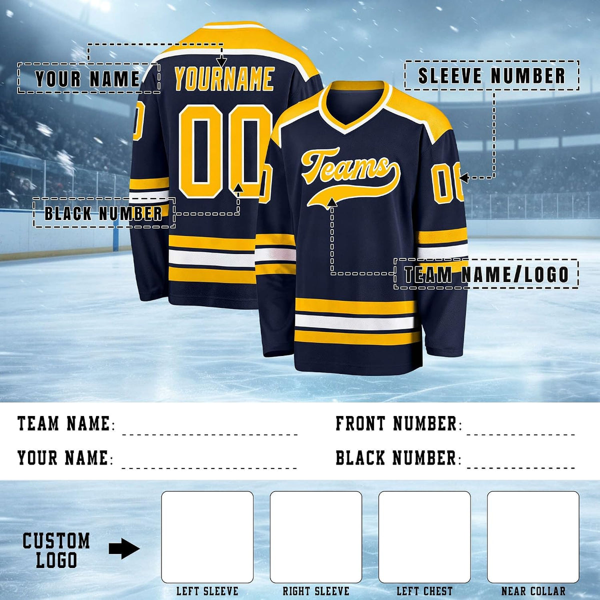 Custom Navy Blue, Gold and White Hockey Jersey