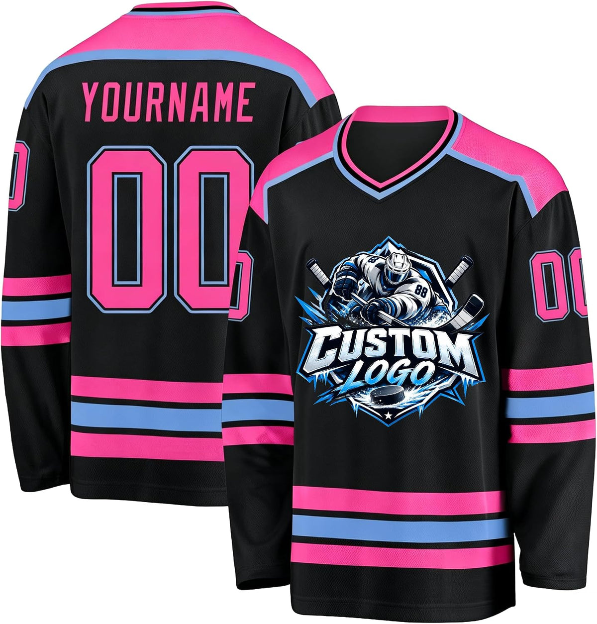 Custom Black, Pink and Light Blue Hockey Jersey