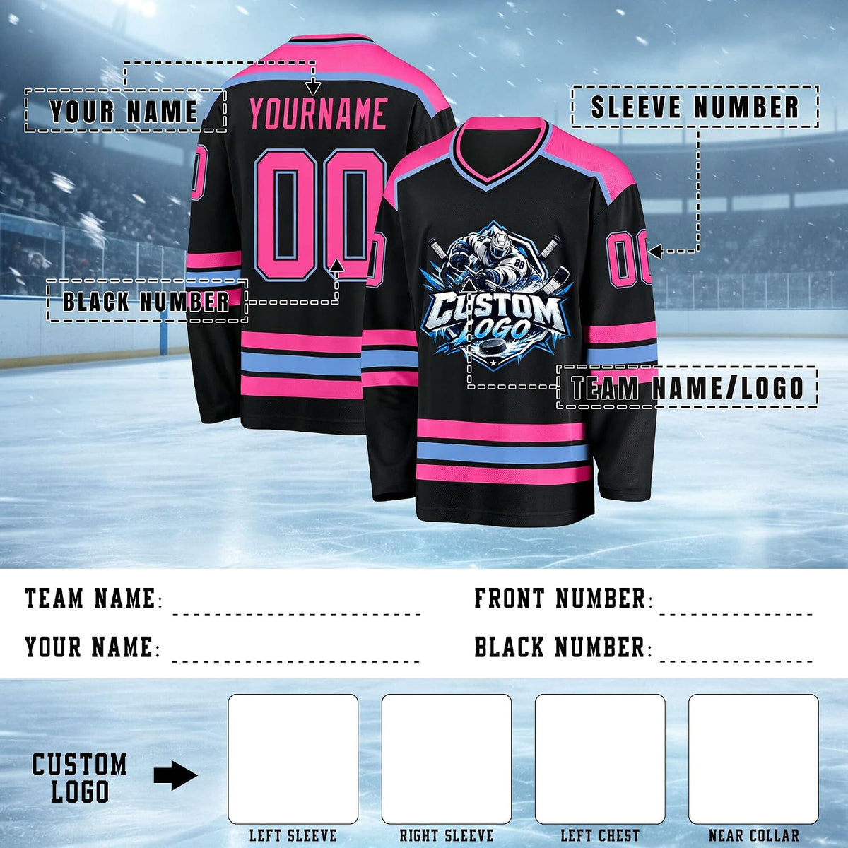 Custom Black, Pink and Light Blue Hockey Jersey