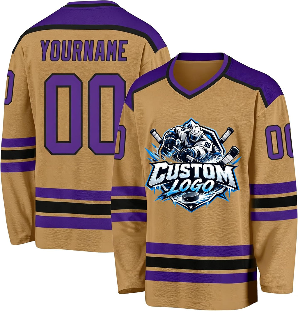 Custom Gold, Purple and Black Hockey Jersey