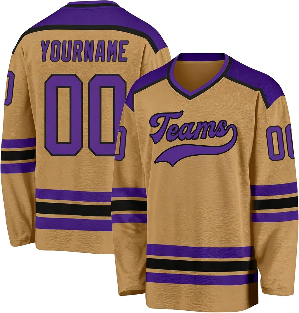 Custom Gold, Purple and Black Hockey Jersey