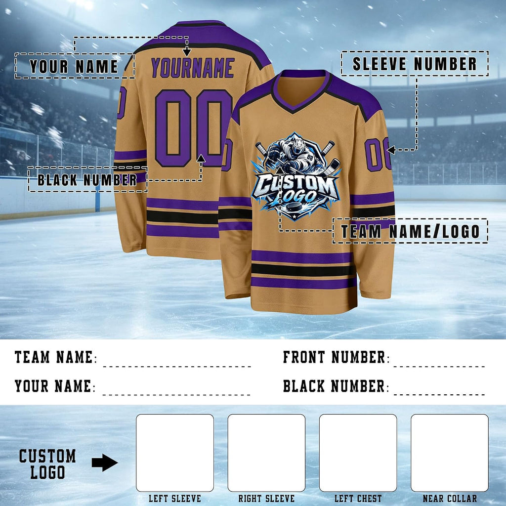 Custom Gold, Purple and Black Hockey Jersey