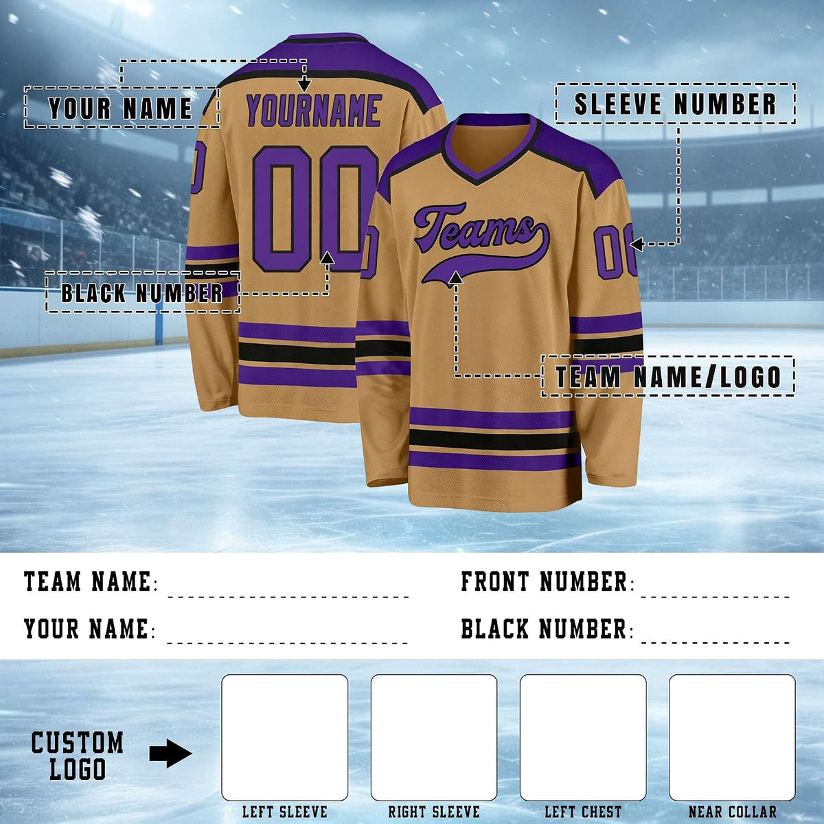Custom Gold, Purple and Black Hockey Jersey