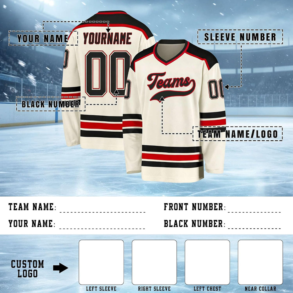 Custom Cream, Black and Red Hockey Jersey
