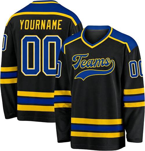 Custom Black, Royal Blue and Gold Hockey Jersey