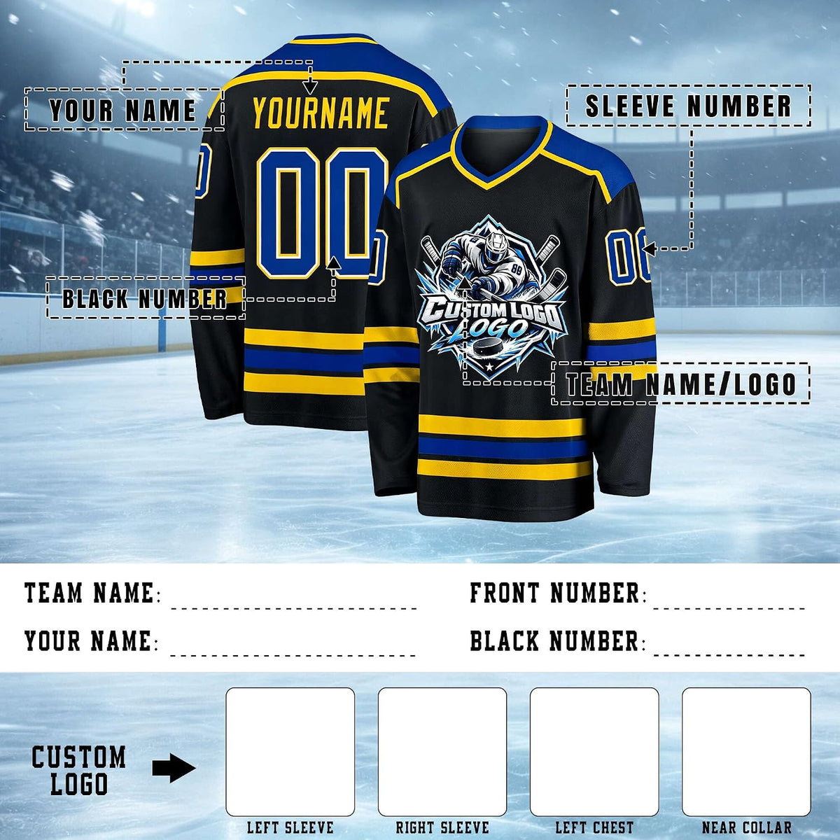 Custom Black, Royal Blue and Gold Hockey Jersey