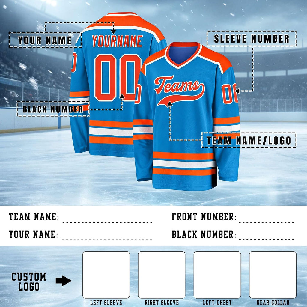 Custom Bright Blue, Orange and White Hockey Jersey