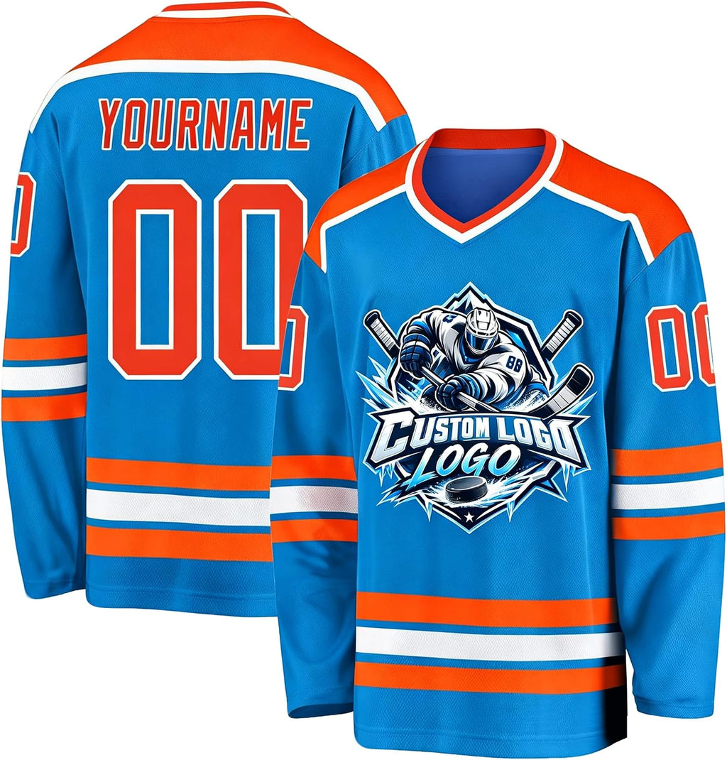 Custom Bright Blue, Orange and White Hockey Jersey