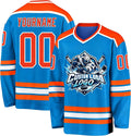 Custom Bright Blue, Orange and White Hockey Jersey