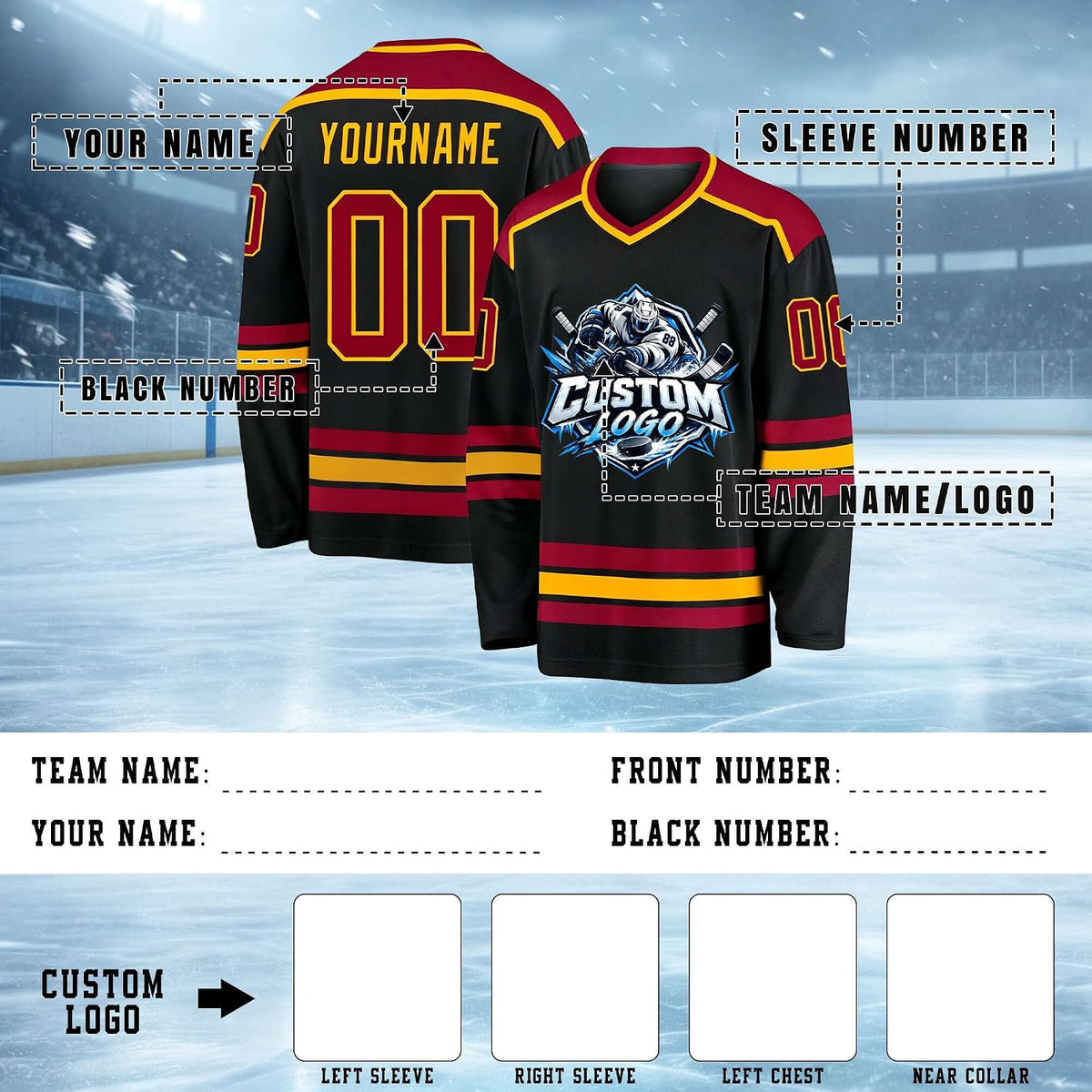 Custom Black, Burgundy and Gold Hockey Jersey