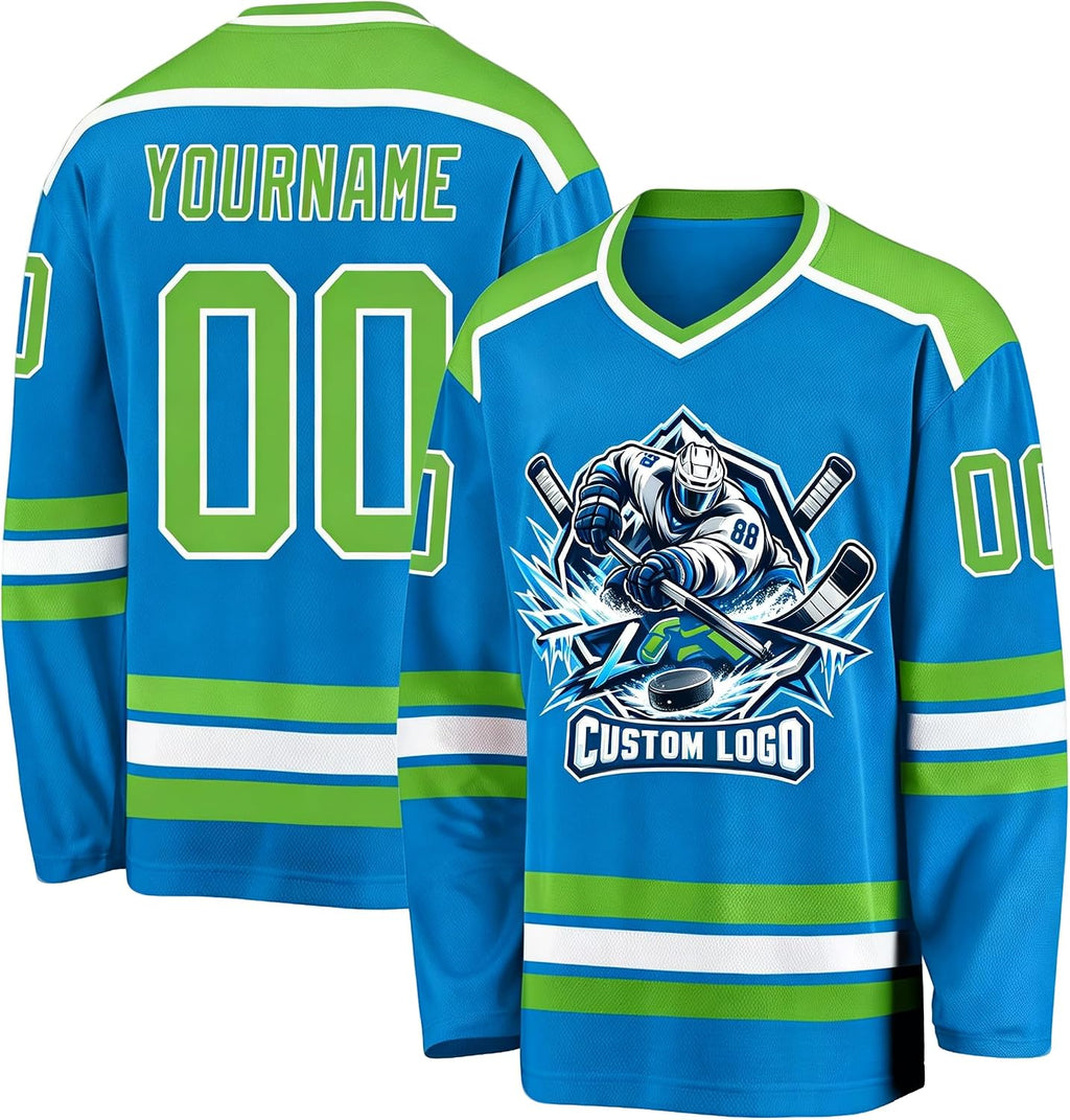 Custom Blue, Green and White Hockey Jersey
