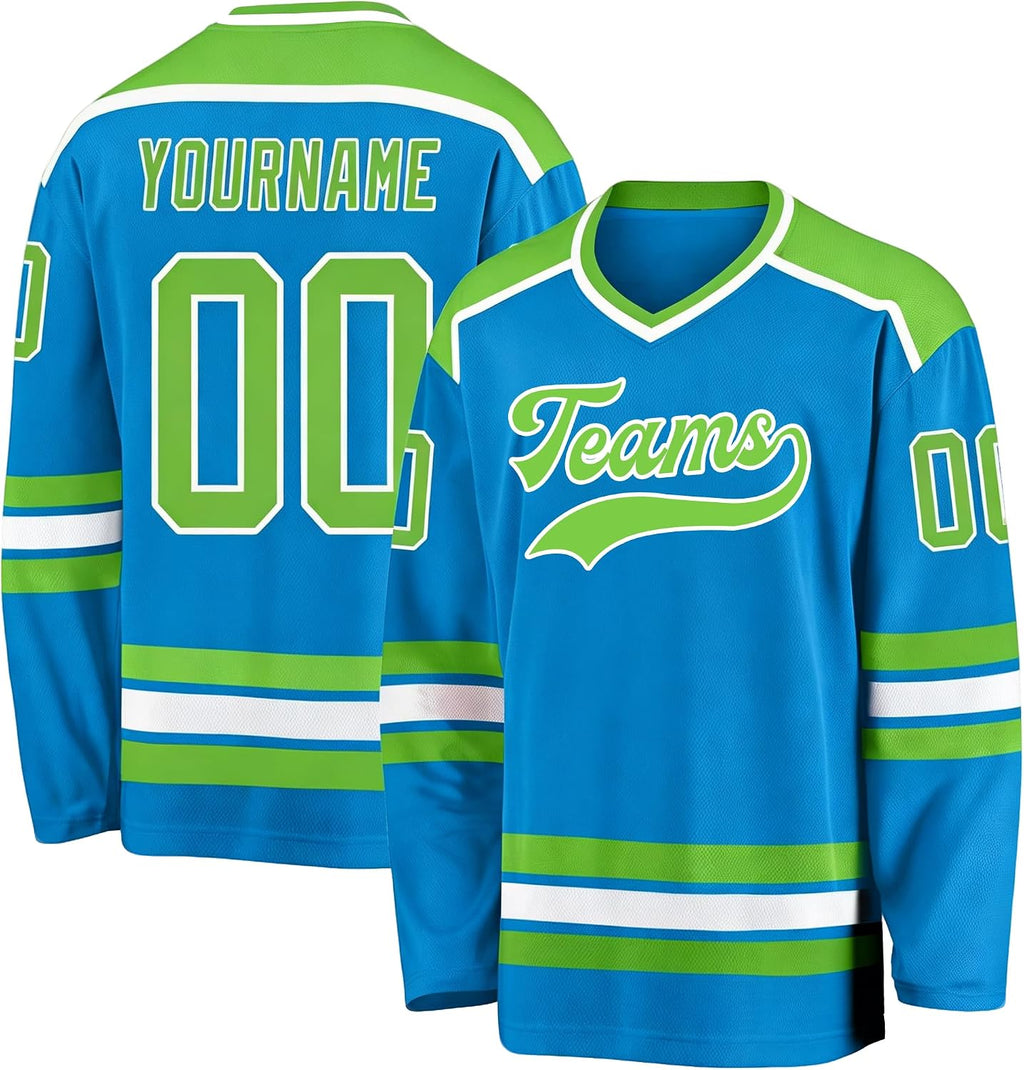 Custom Blue, Green and White Hockey Jersey