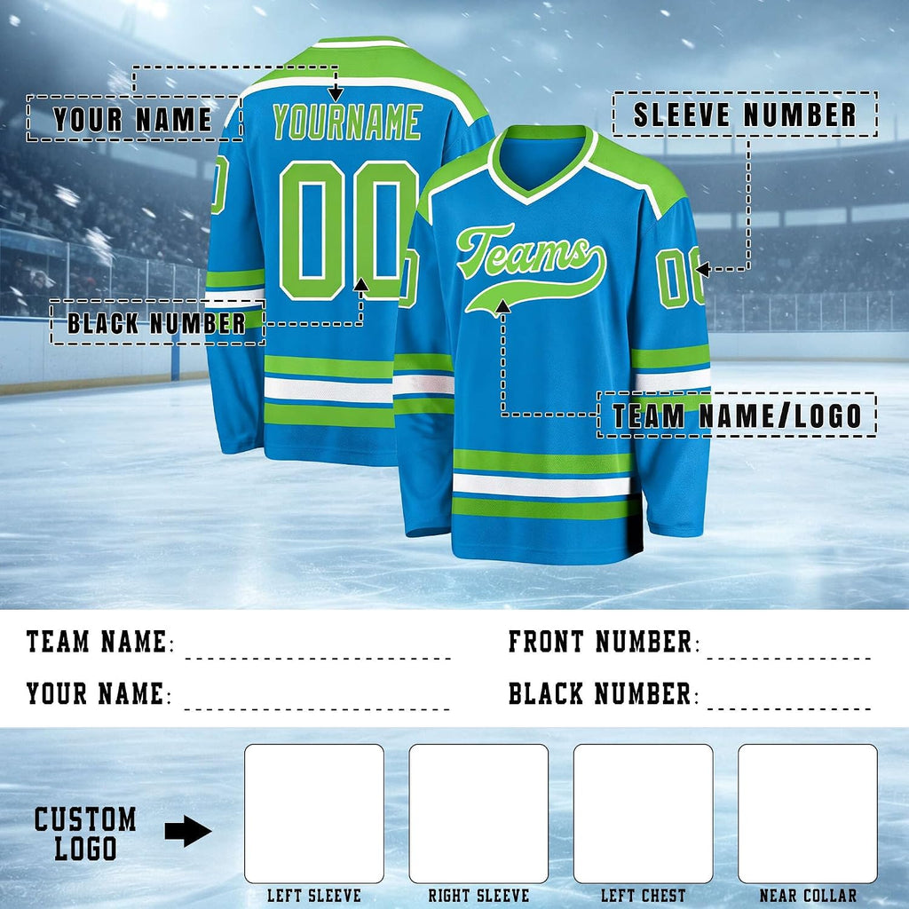 Custom Blue, Green and White Hockey Jersey