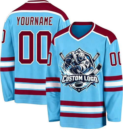 Custom Light Blue, Maroon and White Hockey Jersey