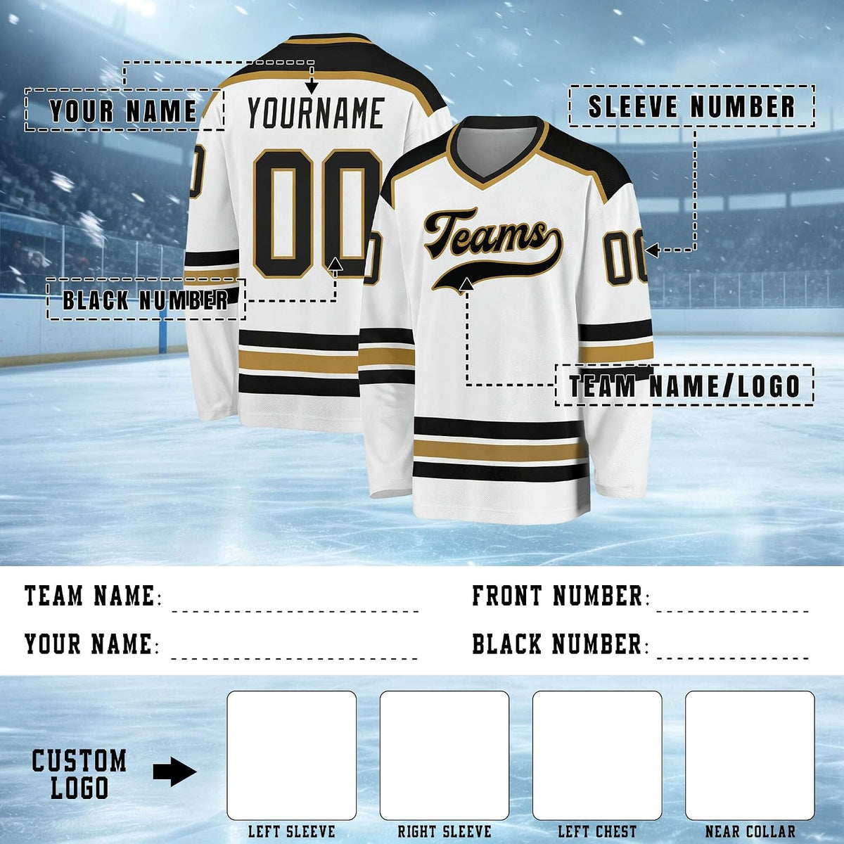 Custom White, Black and Gold Hockey Jersey