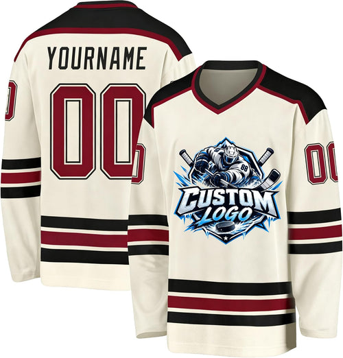 Custom Cream, Black and Burgundy Hockey Jersey