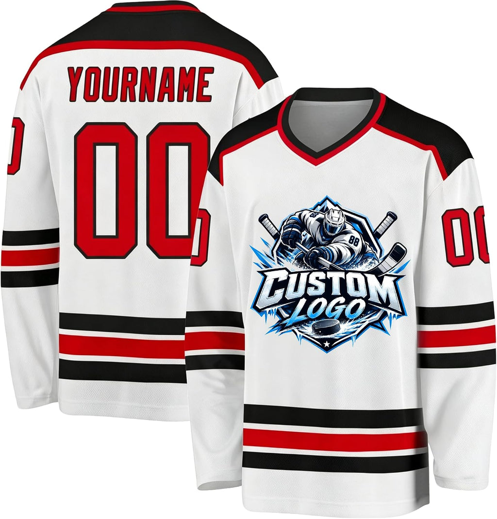 Custom White, Black and Red Hockey Jersey