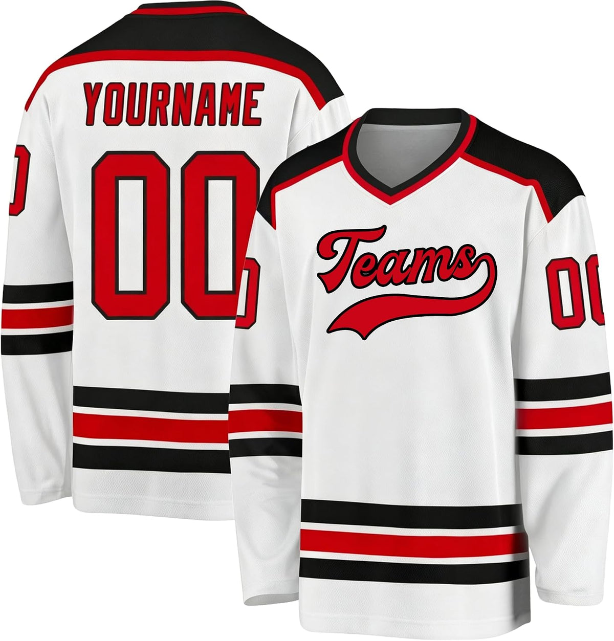 Custom White, Black and Red Hockey Jersey