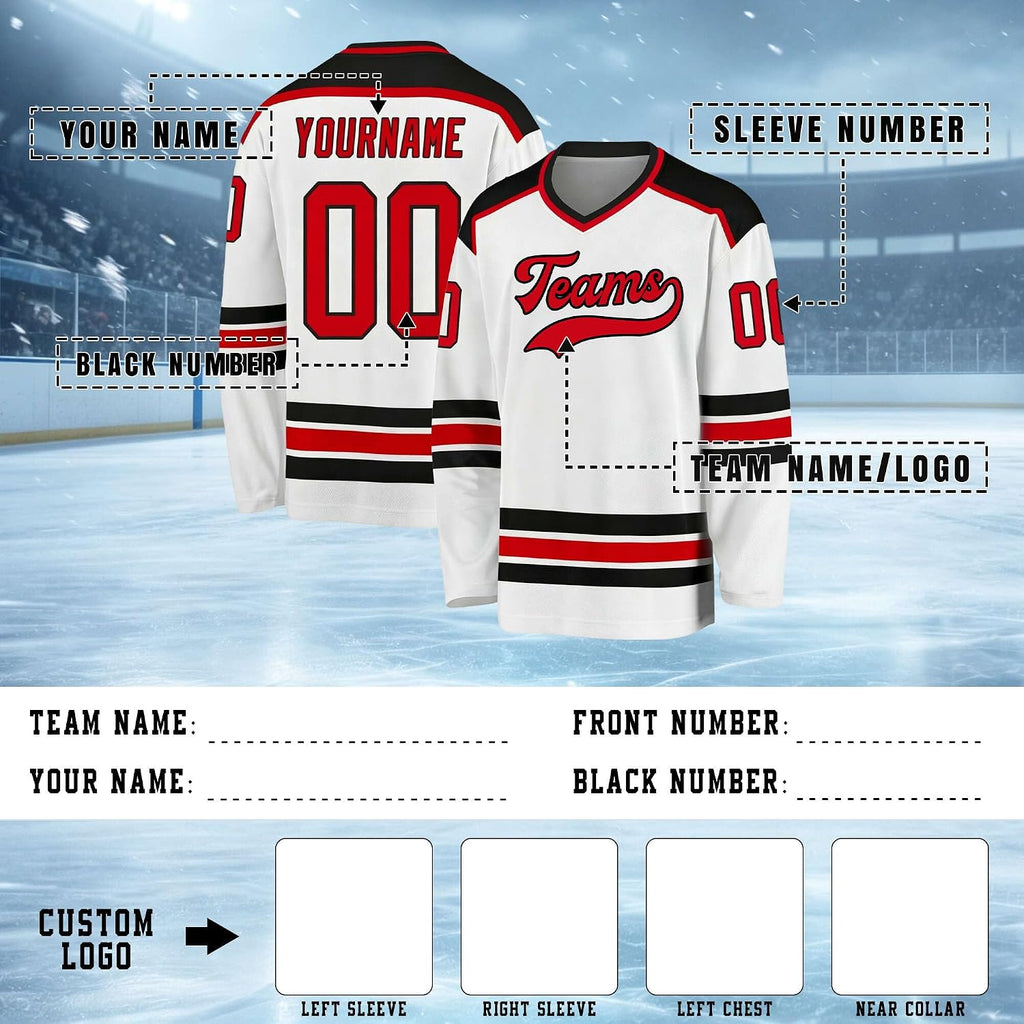 Custom White, Black and Red Hockey Jersey