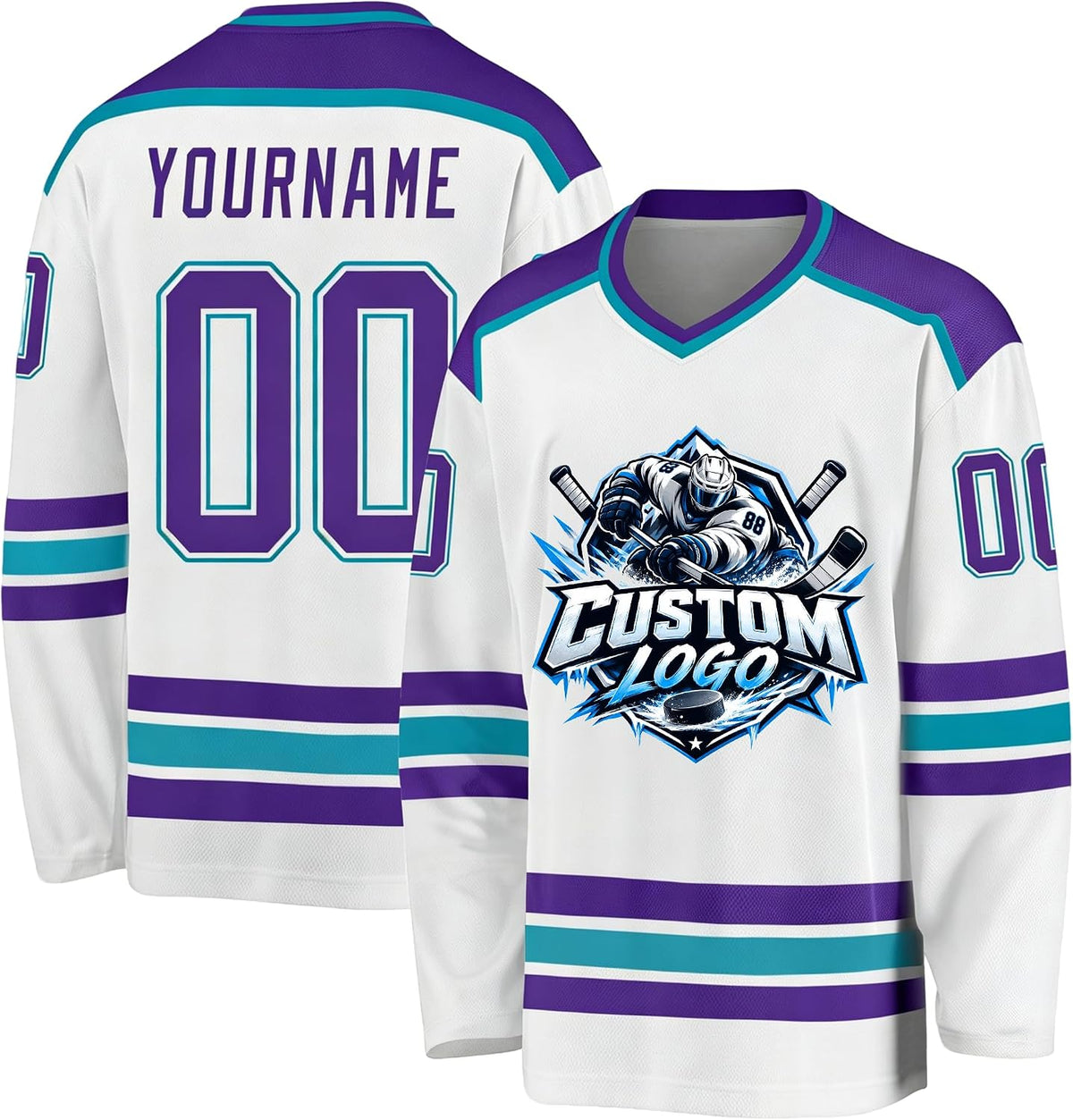 Custom White, Purple and Teal Hockey Jersey