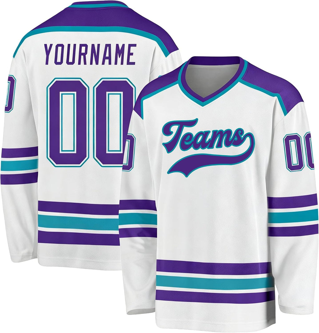 Custom White, Purple and Teal Hockey Jersey