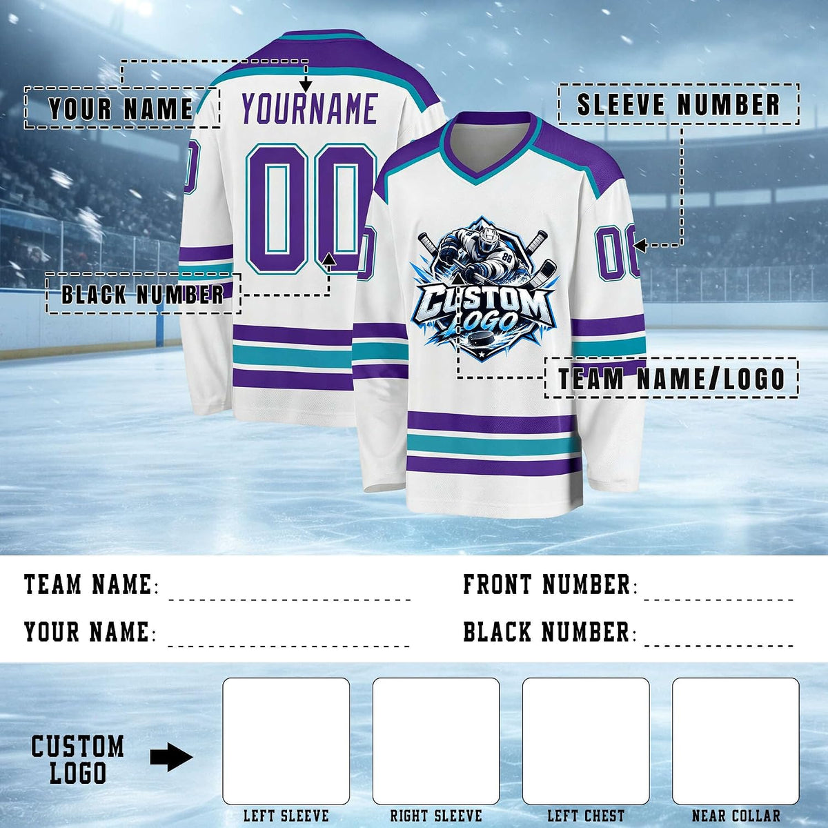 Custom White, Purple and Teal Hockey Jersey