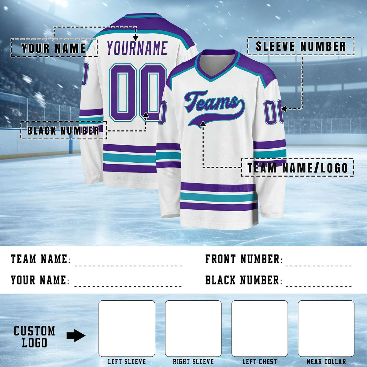 Custom White, Purple and Teal Hockey Jersey