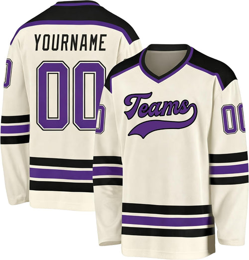 Custom Cream, Black and Purple Hockey Jersey
