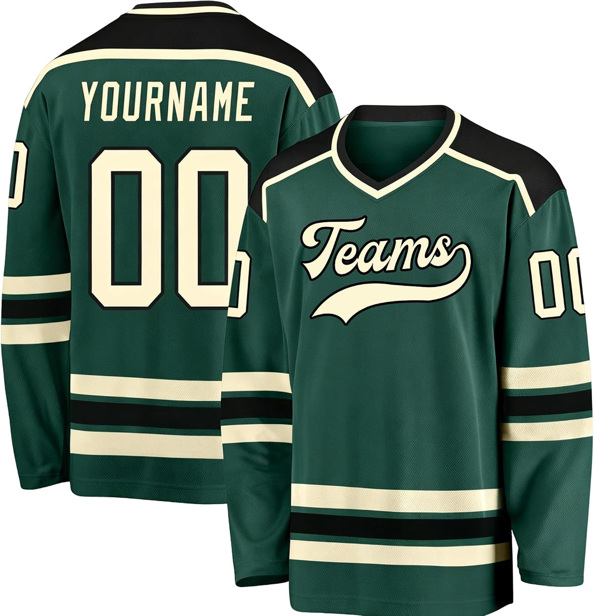 Custom Dark Green, Black and Cream Hockey Jersey