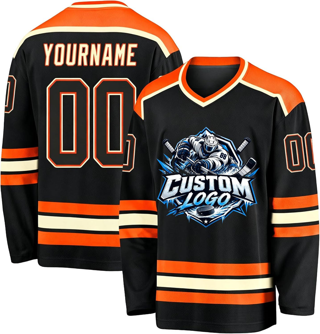 Custom Black, Orange and Cream Hockey Jersey