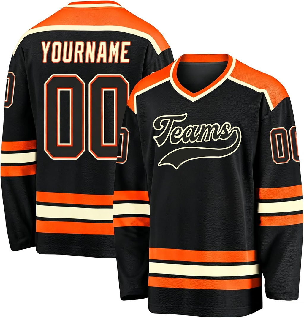 Custom Black, Orange and Cream Hockey Jersey