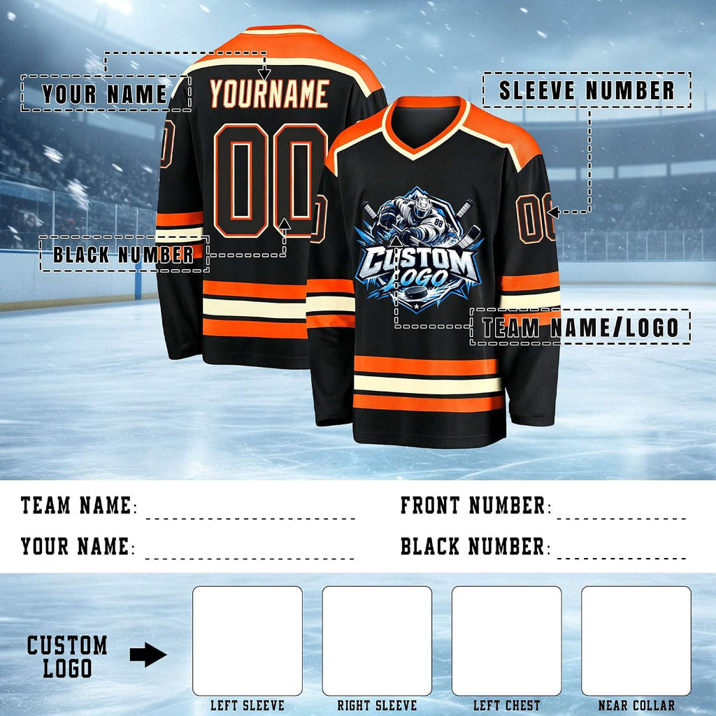 Custom Black, Orange and Cream Hockey Jersey