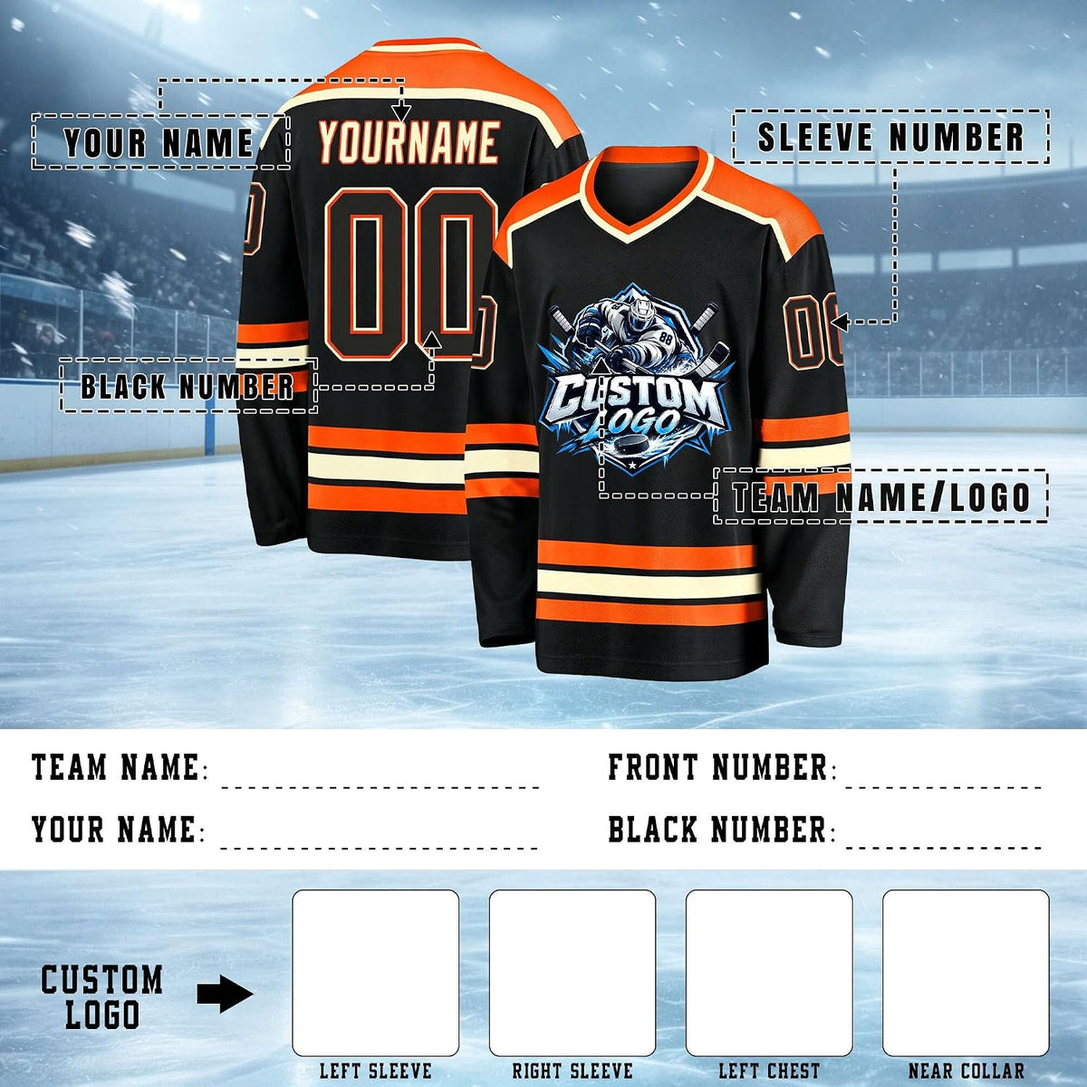Custom Black, Orange and Cream Hockey Jersey