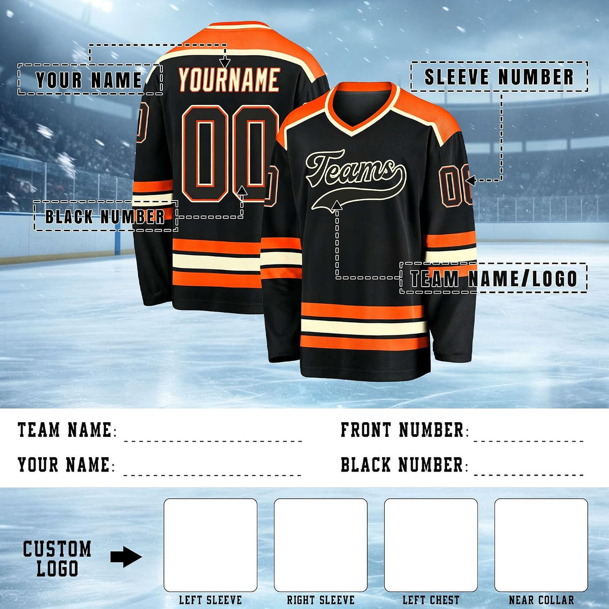Custom Black, Orange and Cream Hockey Jersey