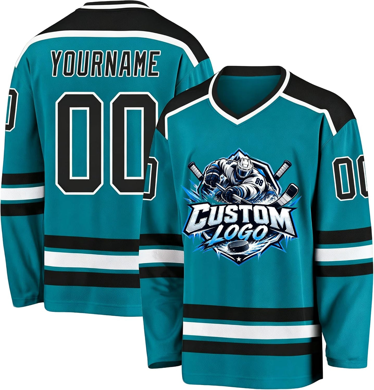 Custom Teal, Black and White Hockey Jersey