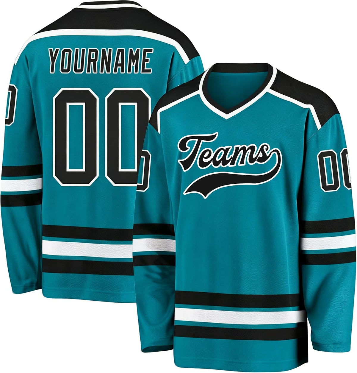 Custom Teal, Black and White Hockey Jersey