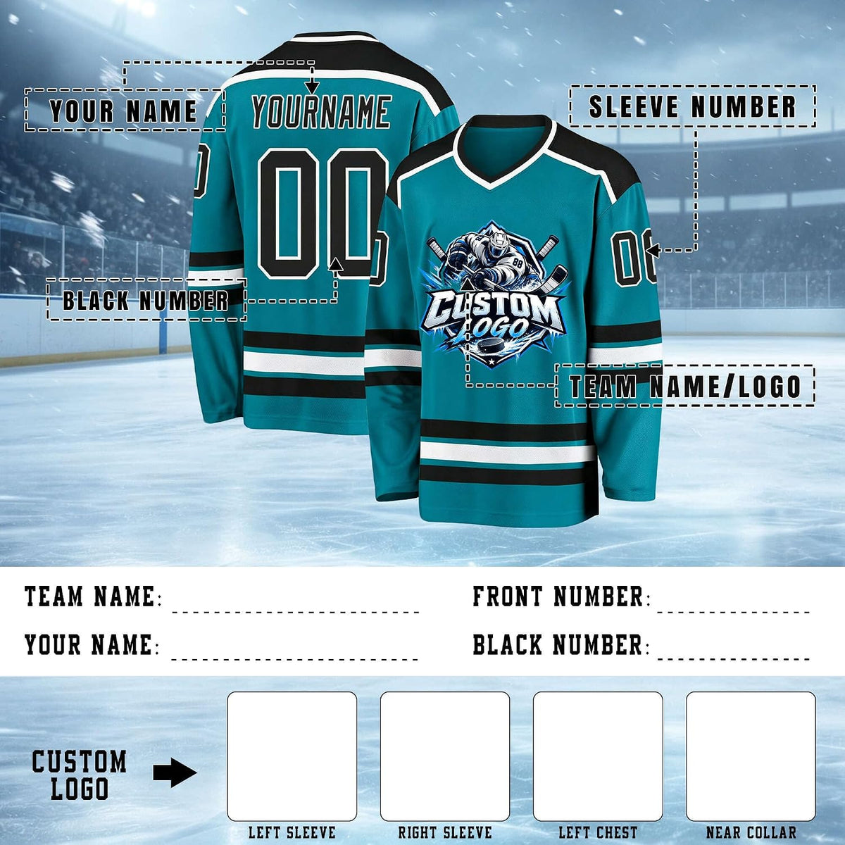 Custom Teal, Black and White Hockey Jersey