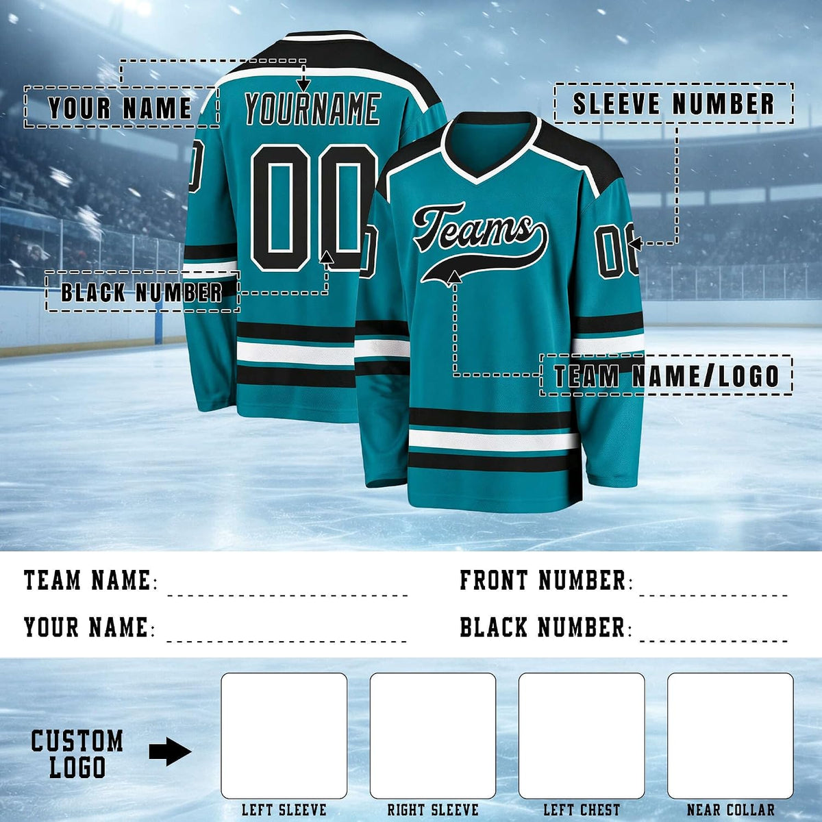 Custom Teal, Black and White Hockey Jersey