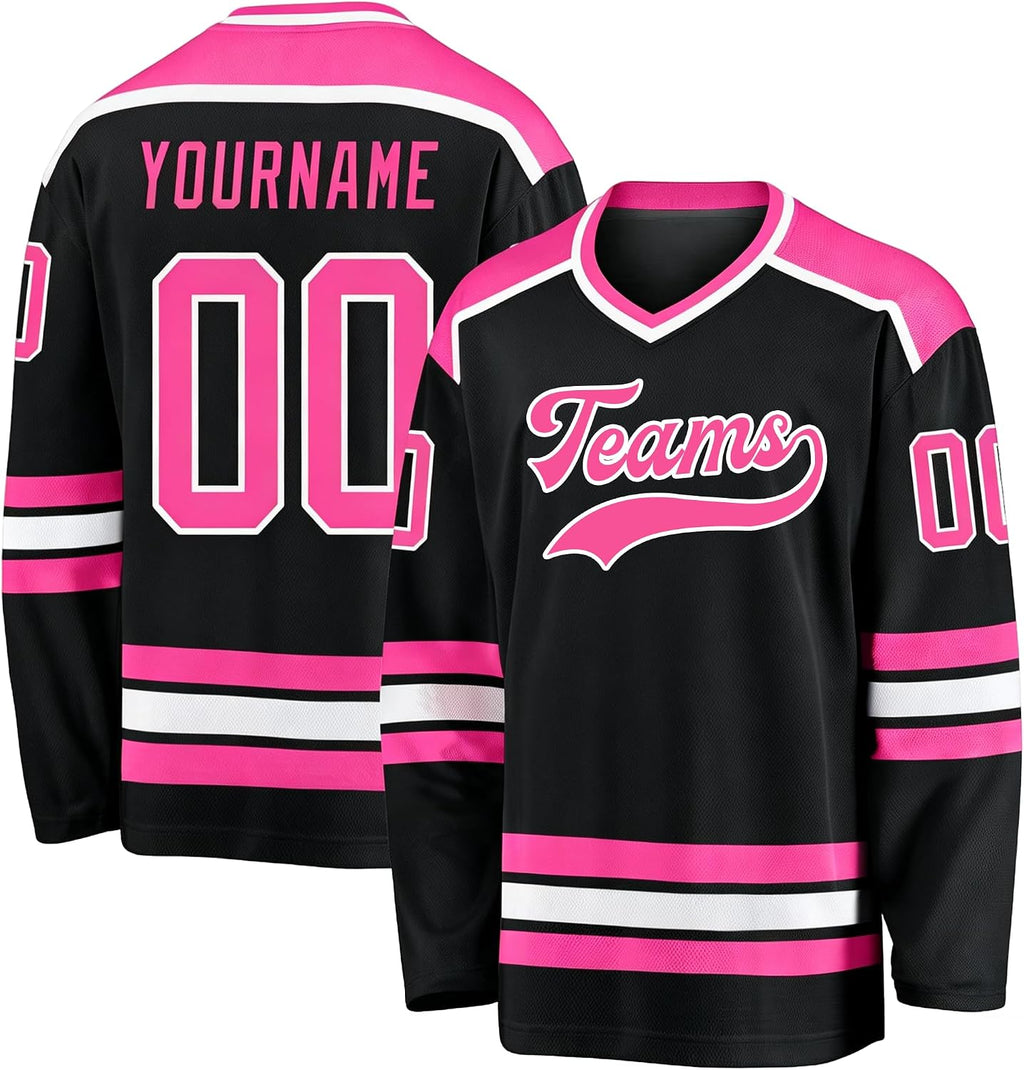 Custom Black, Pink and White Hockey Jersey